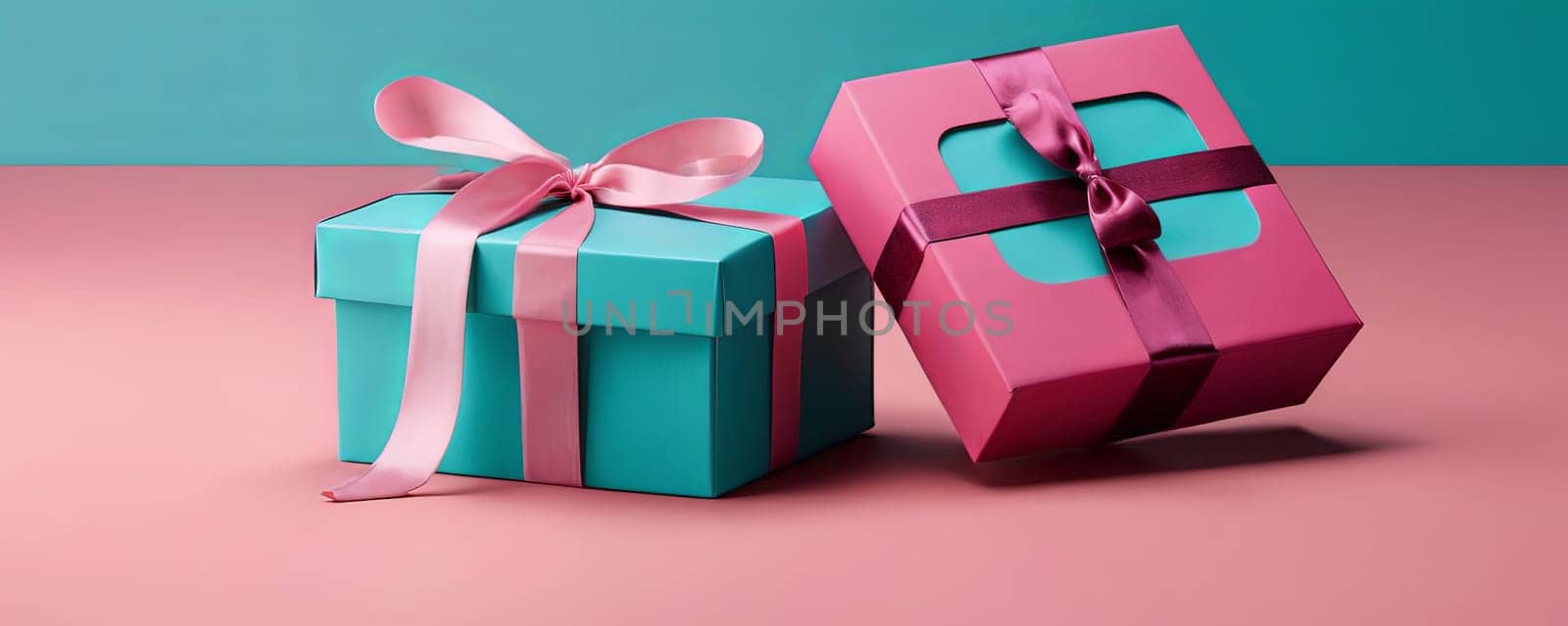 Gift boxes with red ribbons, white surface, teal background, celebration, gifting opportunity.