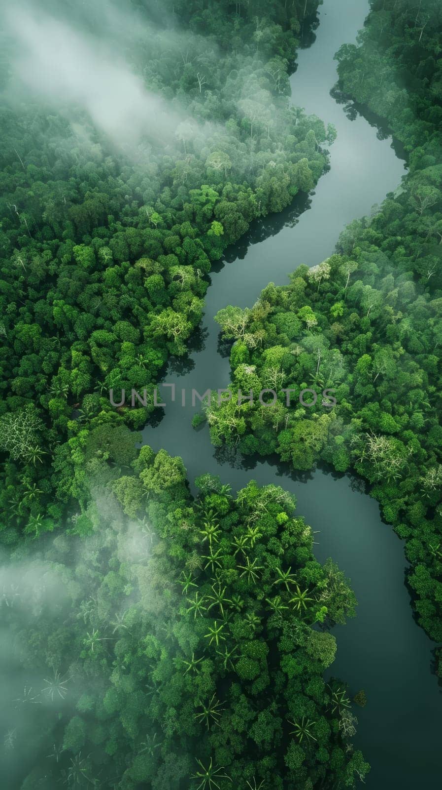 A dense network of waterways weaves through a lush jungle canopy, as seen from above, shrouded in a gentle mist that adds mystery to the verdant landscape