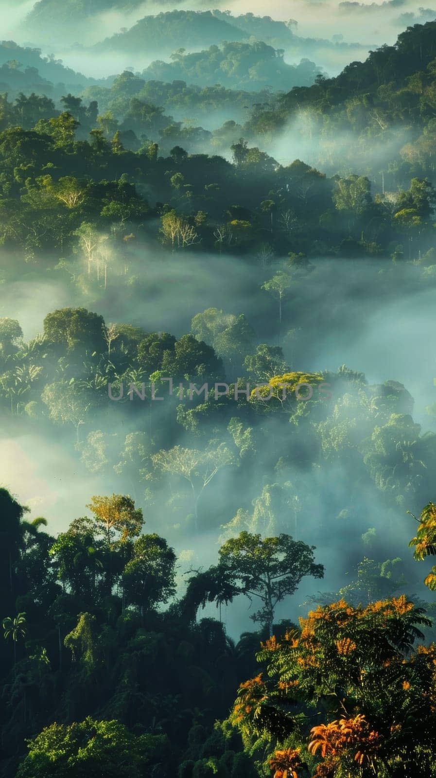 Morning light filters through a mist-enveloped jungle, highlighting the natural contours and vibrant foliage of this dense tropical canopy