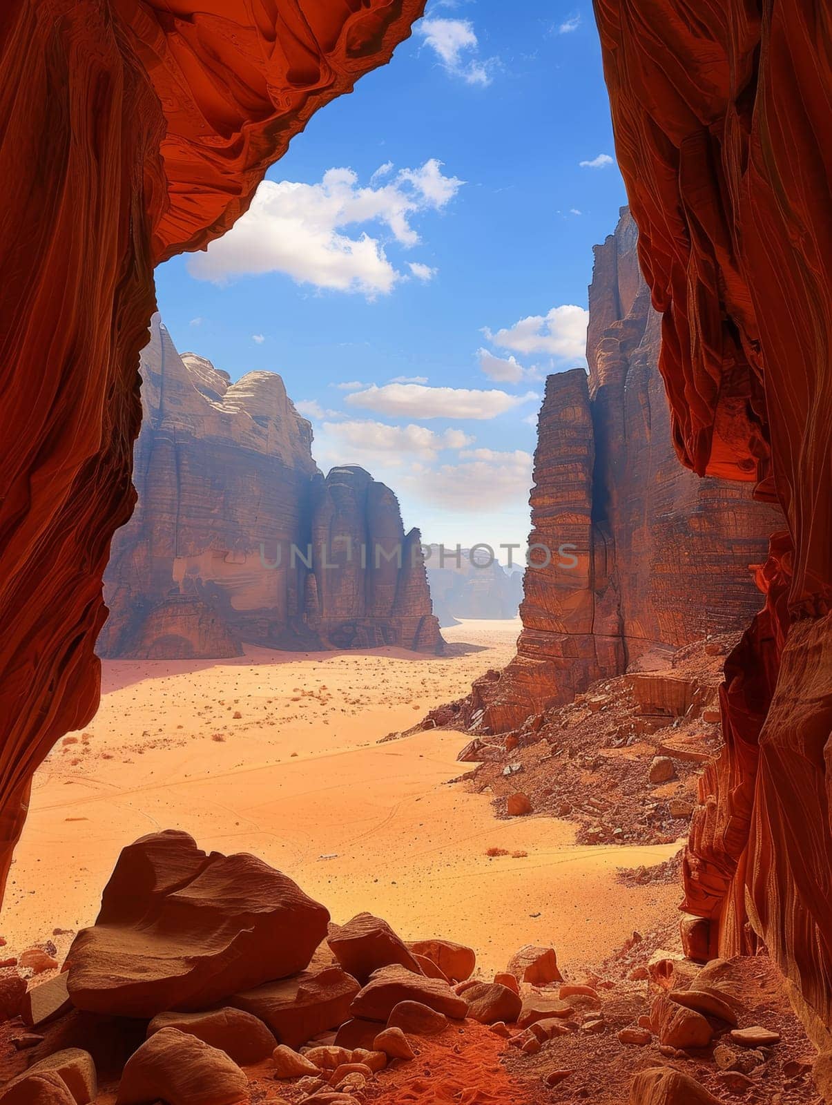 A stunning view through a natural sandstone arch reveals towering cliffs and a vast desert landscape, bathed in the warmth of the sunlight. Contrast of the orange rock formation against the blue sky