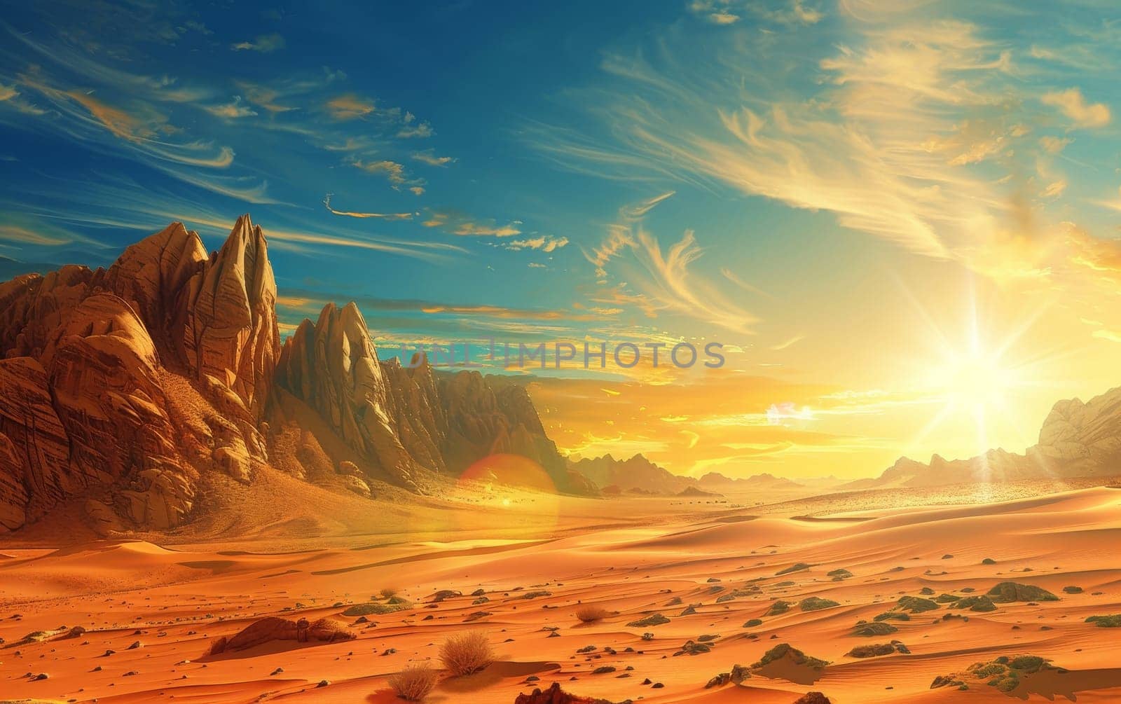 As the sun sets, it illuminates spires of rock standing tall amidst the desert sands, creating a striking interplay of light and shadow. The scene captures the raw beauty of the desert environment. by sfinks