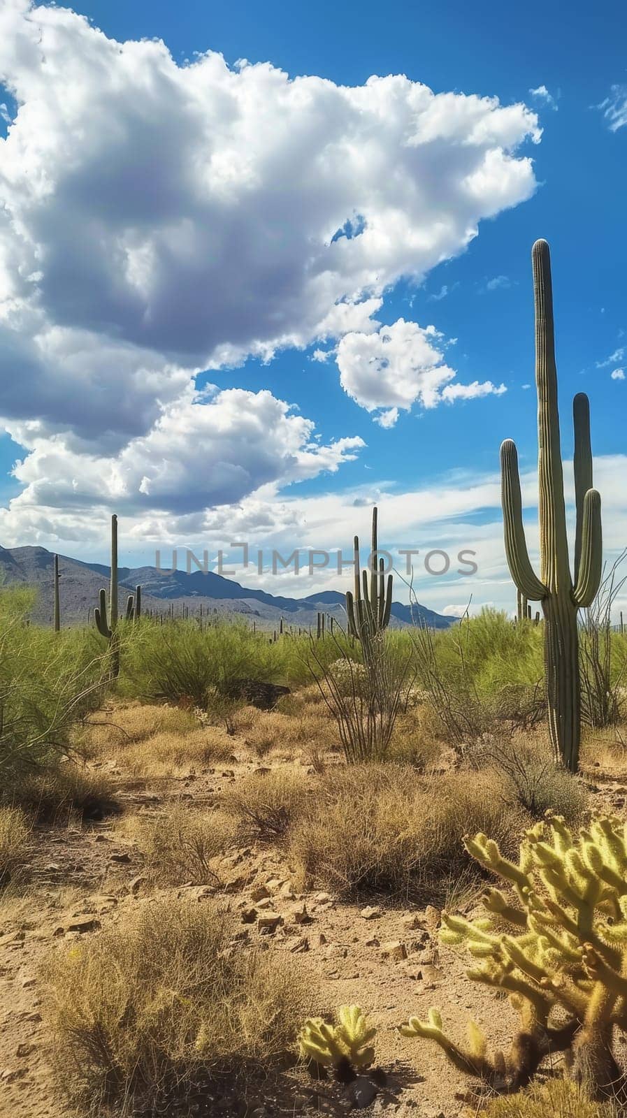 Towering saguaro cacti reach towards a cloud-dappled sky in a classic desert tableau, showcasing the unique flora of arid landscapes. The dynamic clouds add depth to the peaceful desert scene. by sfinks