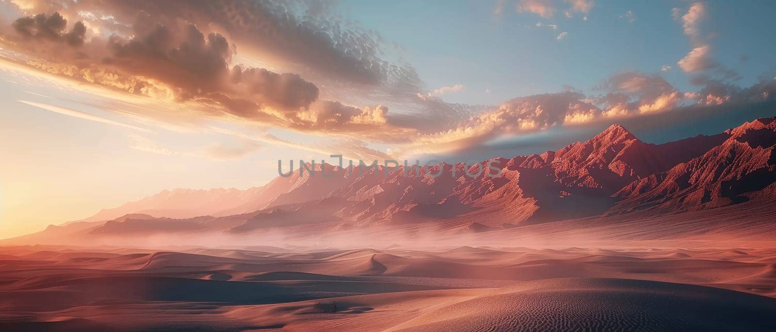 Clouds cast shadows over rolling desert dunes as the mountains stand guard in the distance, creating an ethereal and tranquil desert scene at sunset. The soft light adds a mystical quality