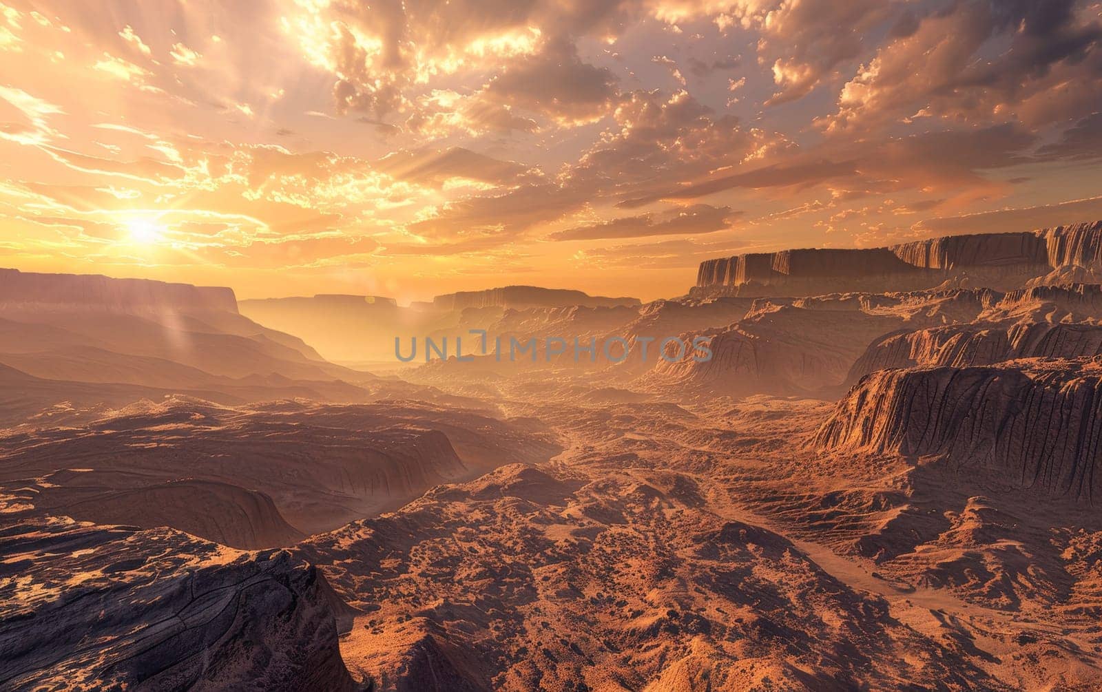 The sun dips below the horizon, casting a golden glow over grand canyons and rugged desert terrain. The vastness and grandeur of the scene are highlighted by the dramatic sky above