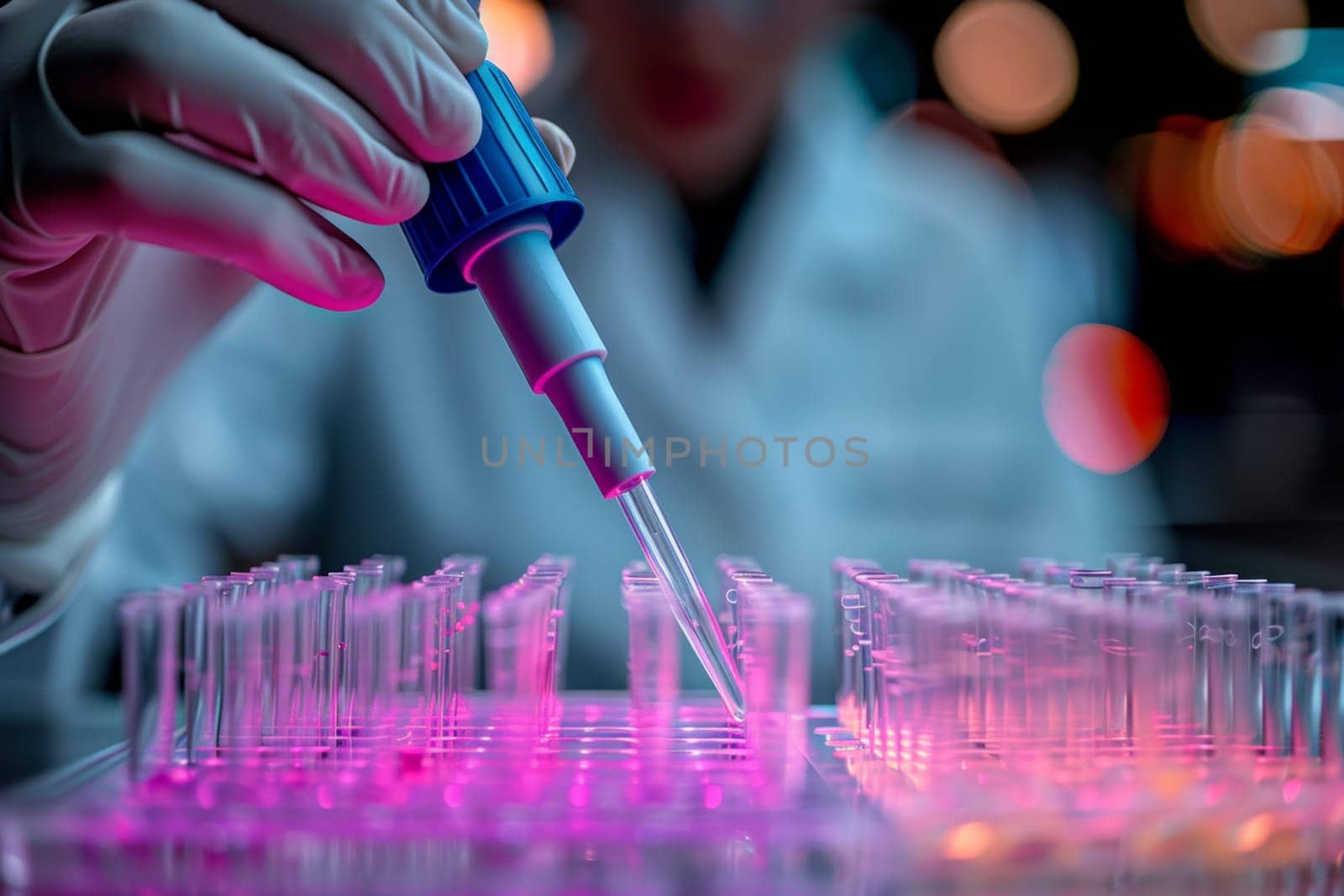 The scientist fills the microplate with a pipette in the lab for biological or chemical analysis.