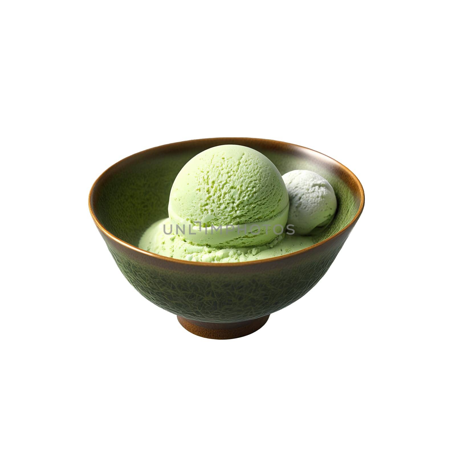Green tea ice cream pale green served in a traditional Japanese tea cup garnished with. close-up food, isolated on transparent background