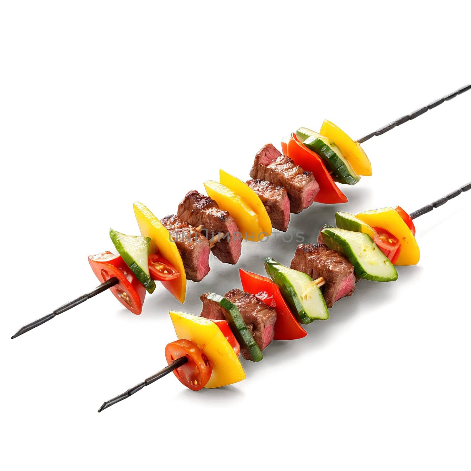 Steak kebabs marinated beef cubes and vegetable chunks on skewers isolated on transparent background Food. Food isolated on transparent background.