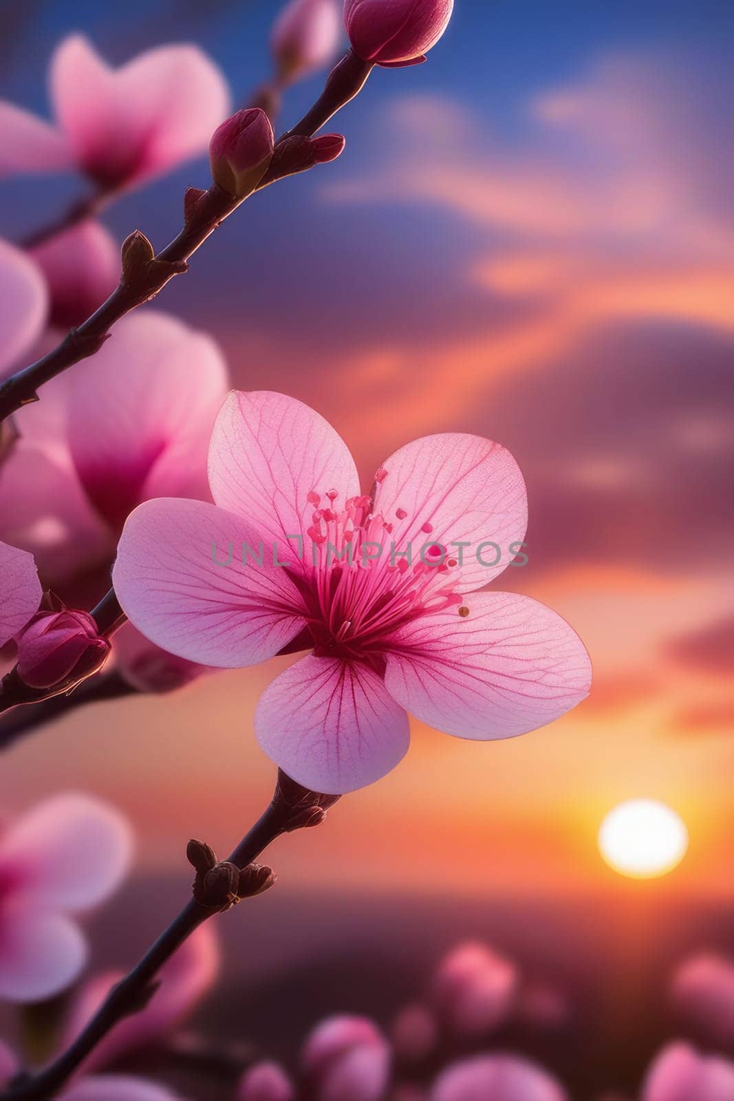 Branches with fresh pink flowers in full bloom against the sunset sky