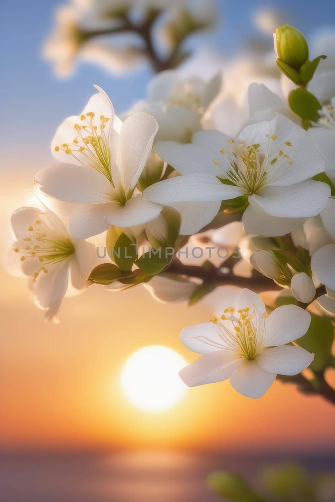 Branches with fresh white flowers in full bloom against the sunset sky