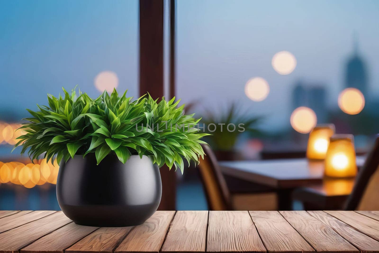 An inviting scene featuring an empty wooden table with warm bokeh lights, set against a blurred restaurant background, perfect for food and dining related content