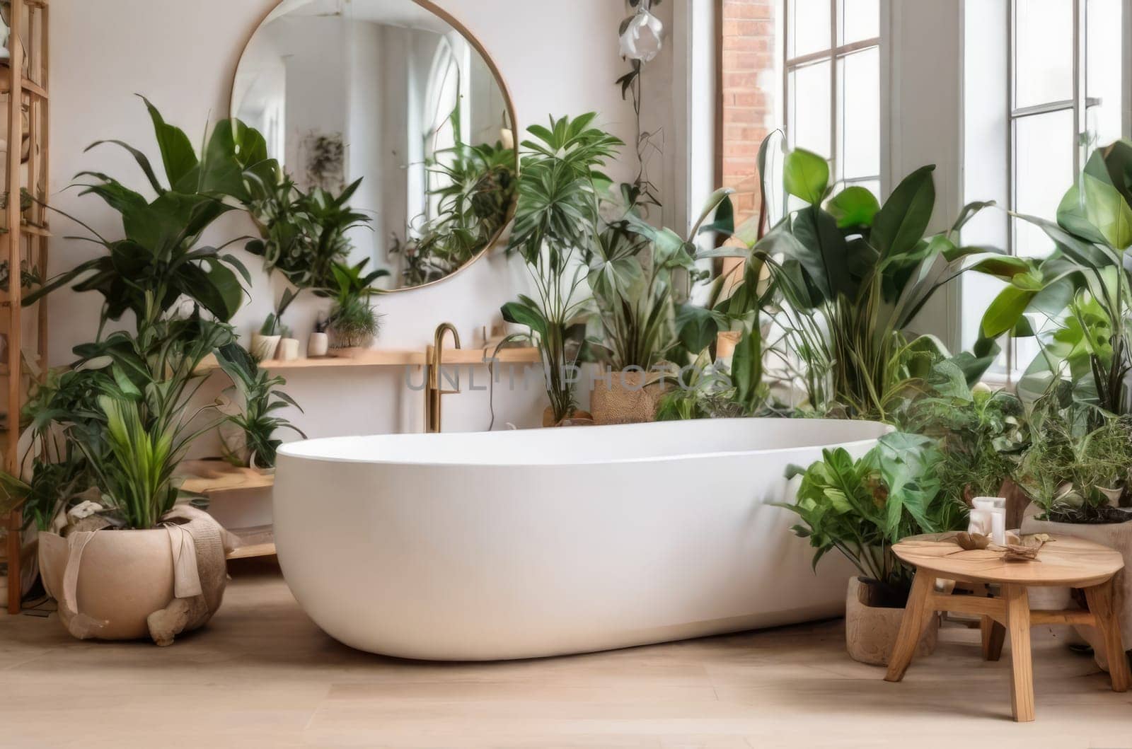 Inviting composition highlighting a home garden bathroom with a biophilia concept, where white and wooden accents complement the array of houseplants, creating a serene and naturalistic atmosphere