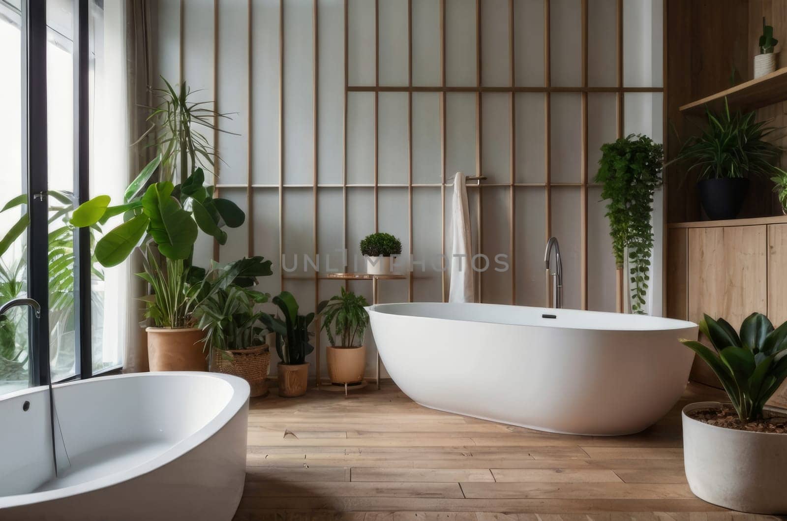Home garden, bathroom in white and wooden tones. Close-up, bed, parquet floor and many houseplants. Urban jungle interior design. Biophilia concept.