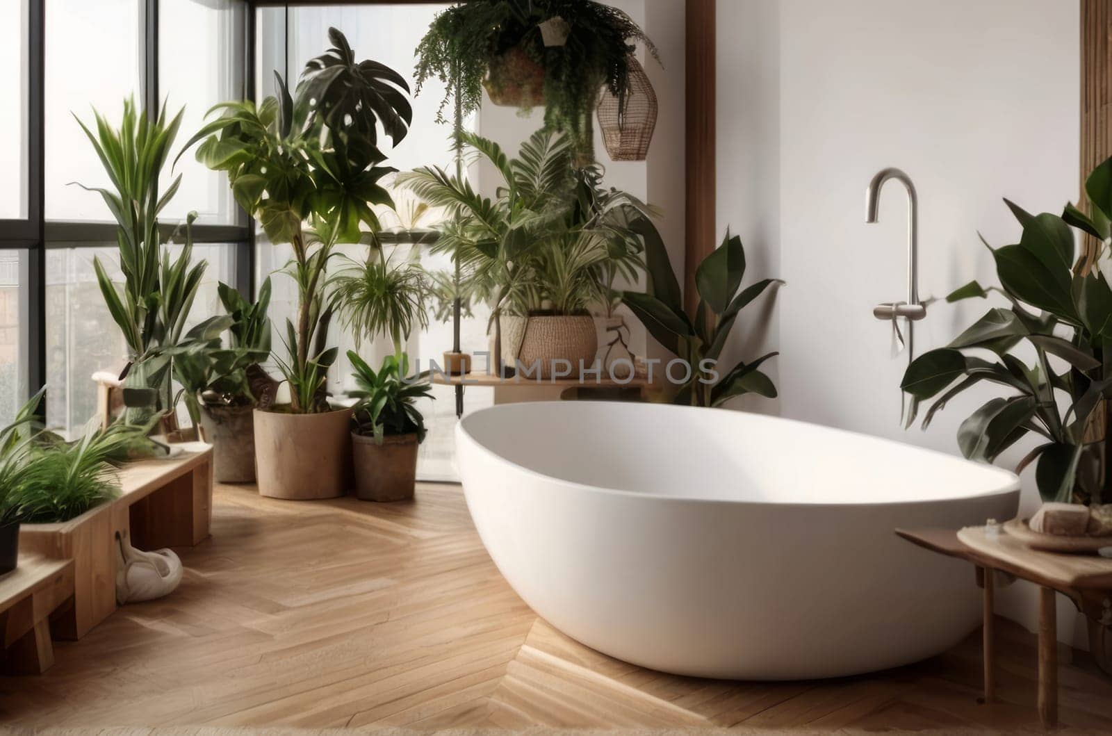 Captivating image showcasing a harmonious blend of white and wooden elements in a home garden bathroom, adorned with a variety of houseplants that infuse the space with a refreshing urban jungle vibe