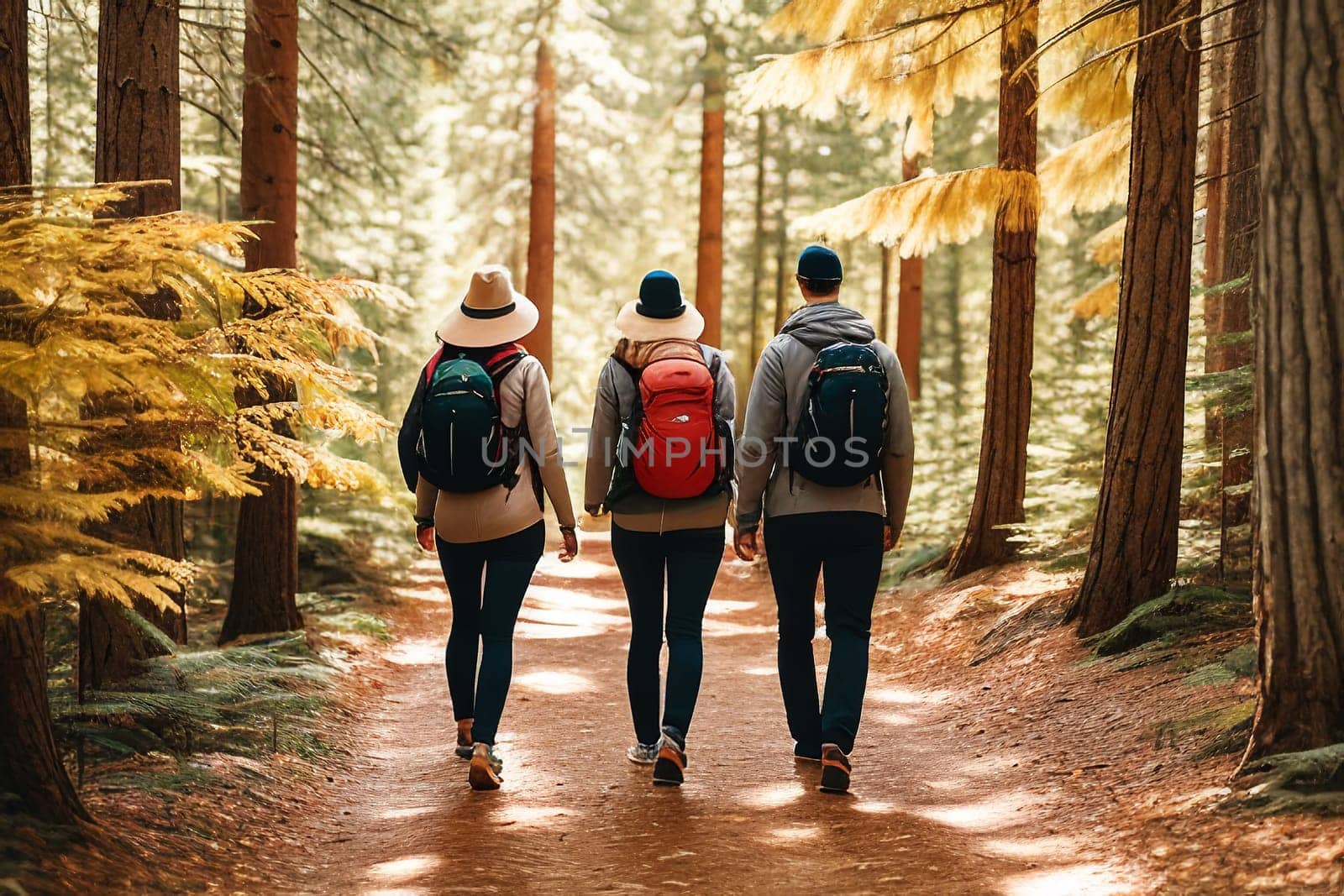 Tourists with backpacks walking through the autumn forest, view from the back.
