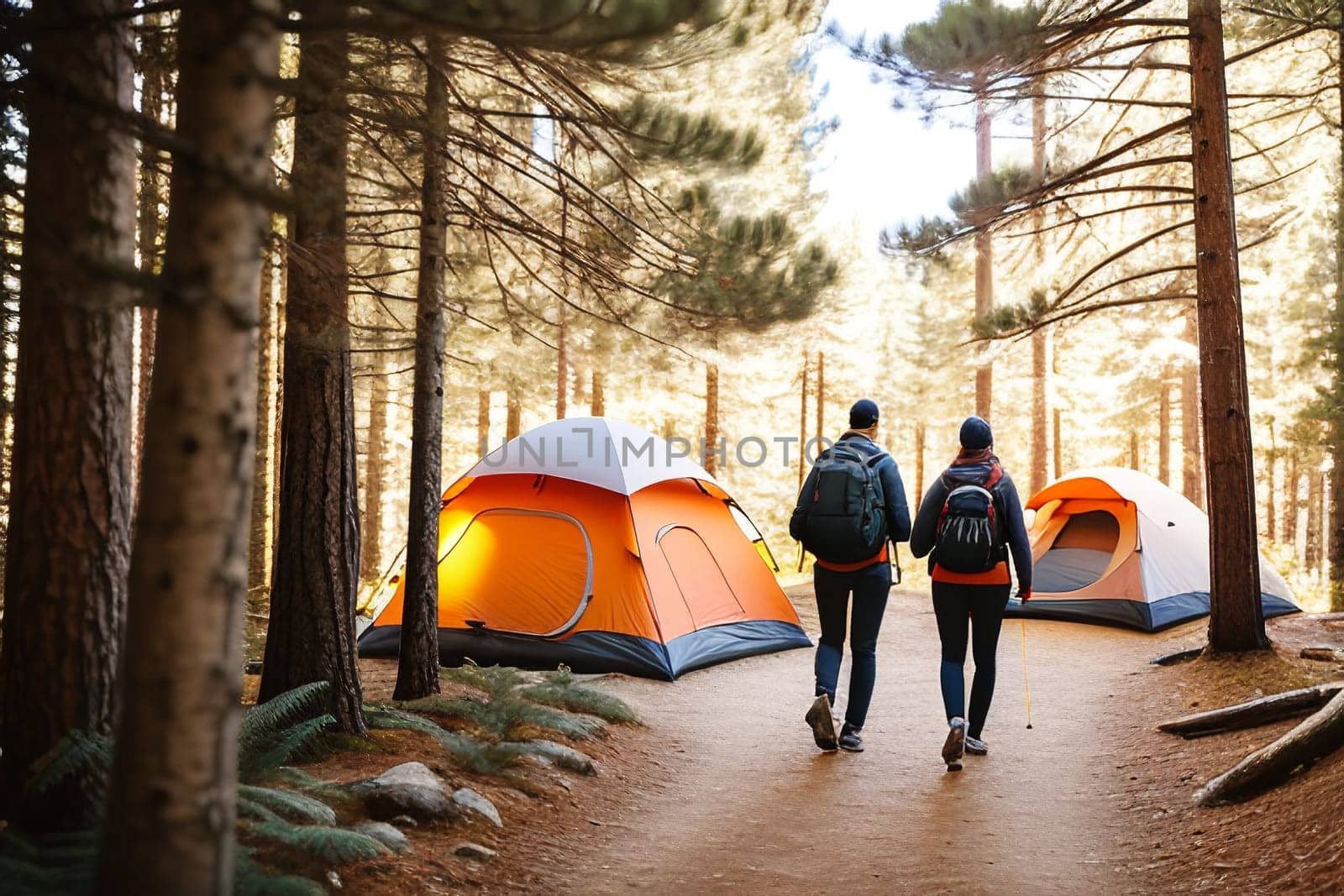 tourists with backpacks walking through the autumn pine forest, rear view. camping tent during the day in the autumn forest. a banner with a place to copy