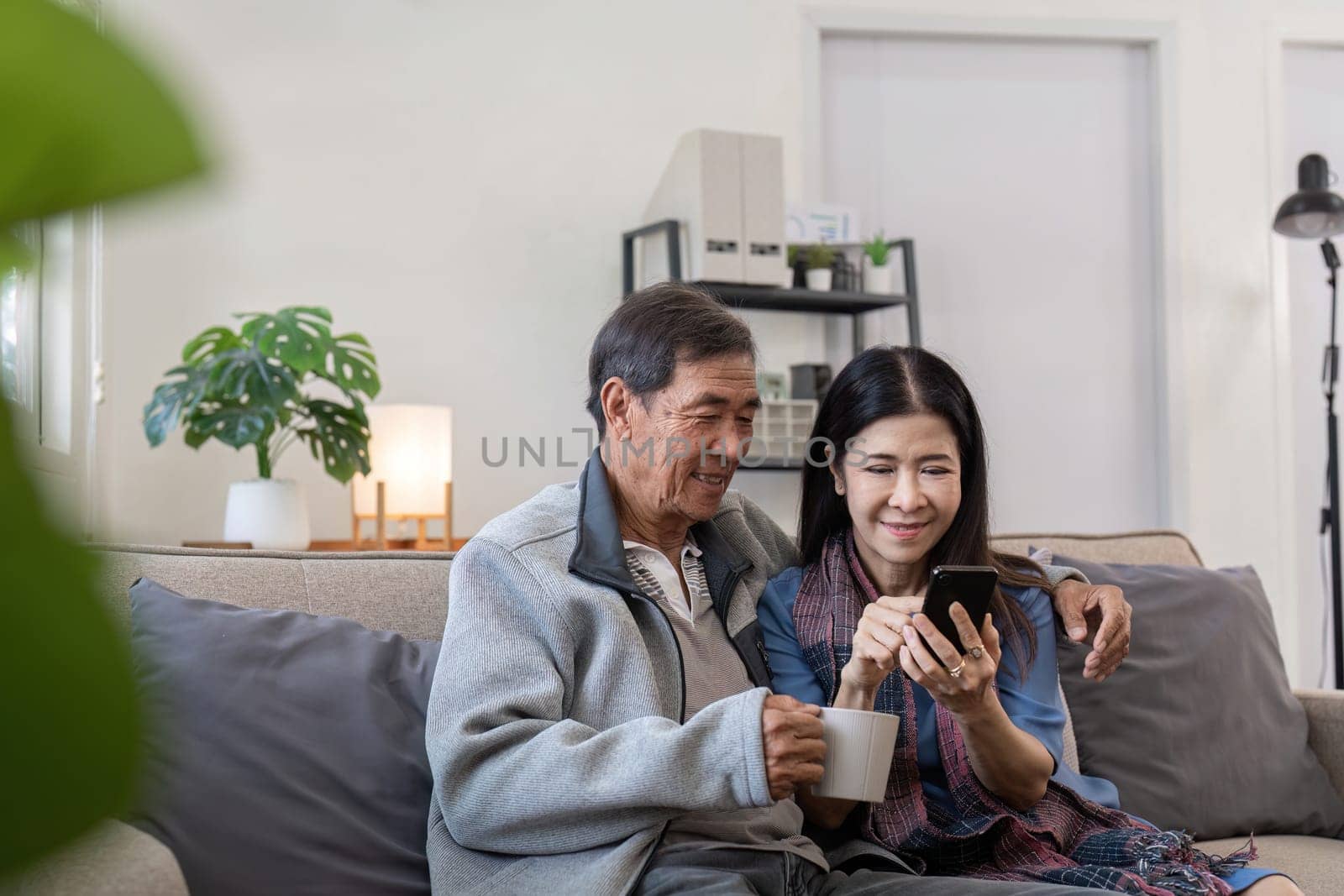 Senior couple using smartphone at home. Concept of technology, companionship, and relaxation.