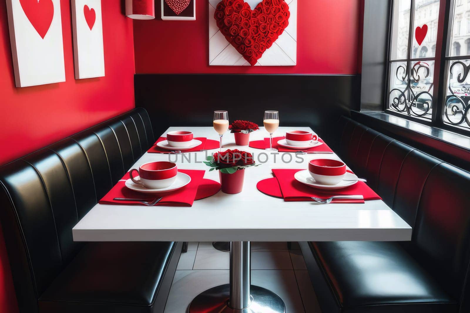 A table in a cafe decorated for Valentine's Day. Festive decor. Generative AI