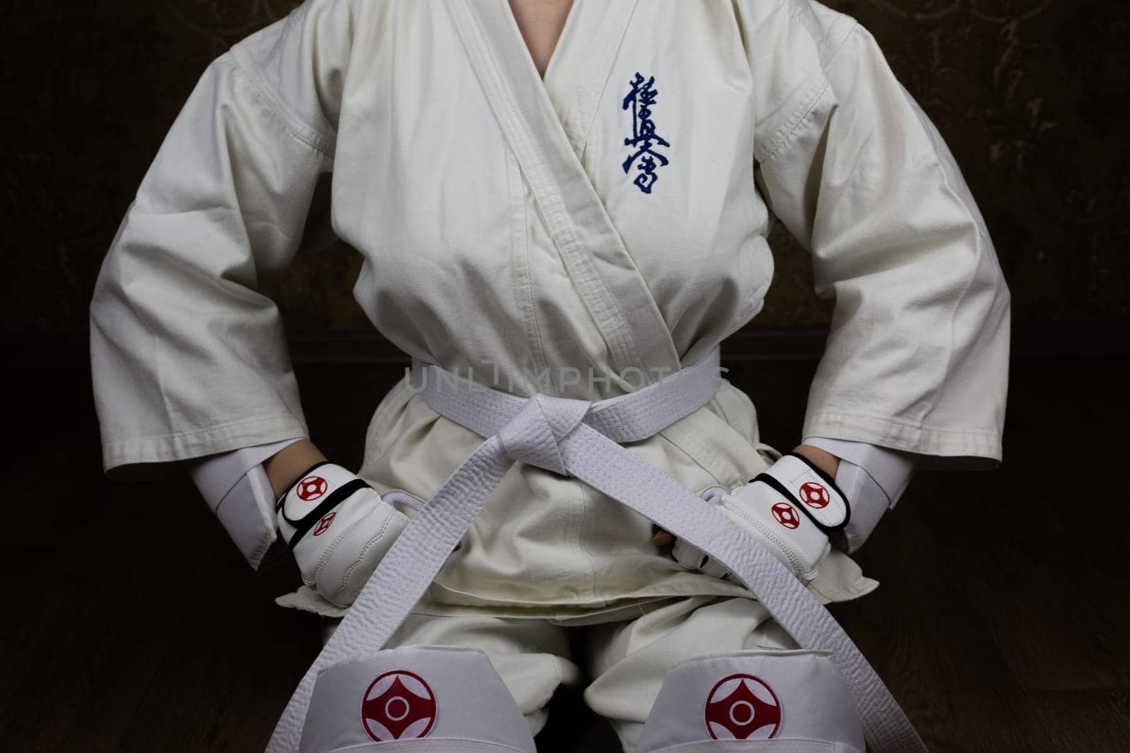 Girl athlete in kimono and white Kyokushinkai karate belt sits in a traditional seiza pose. Martial arts athlete in protective equipment. Inscription in Japanese: Kyokushinkai
