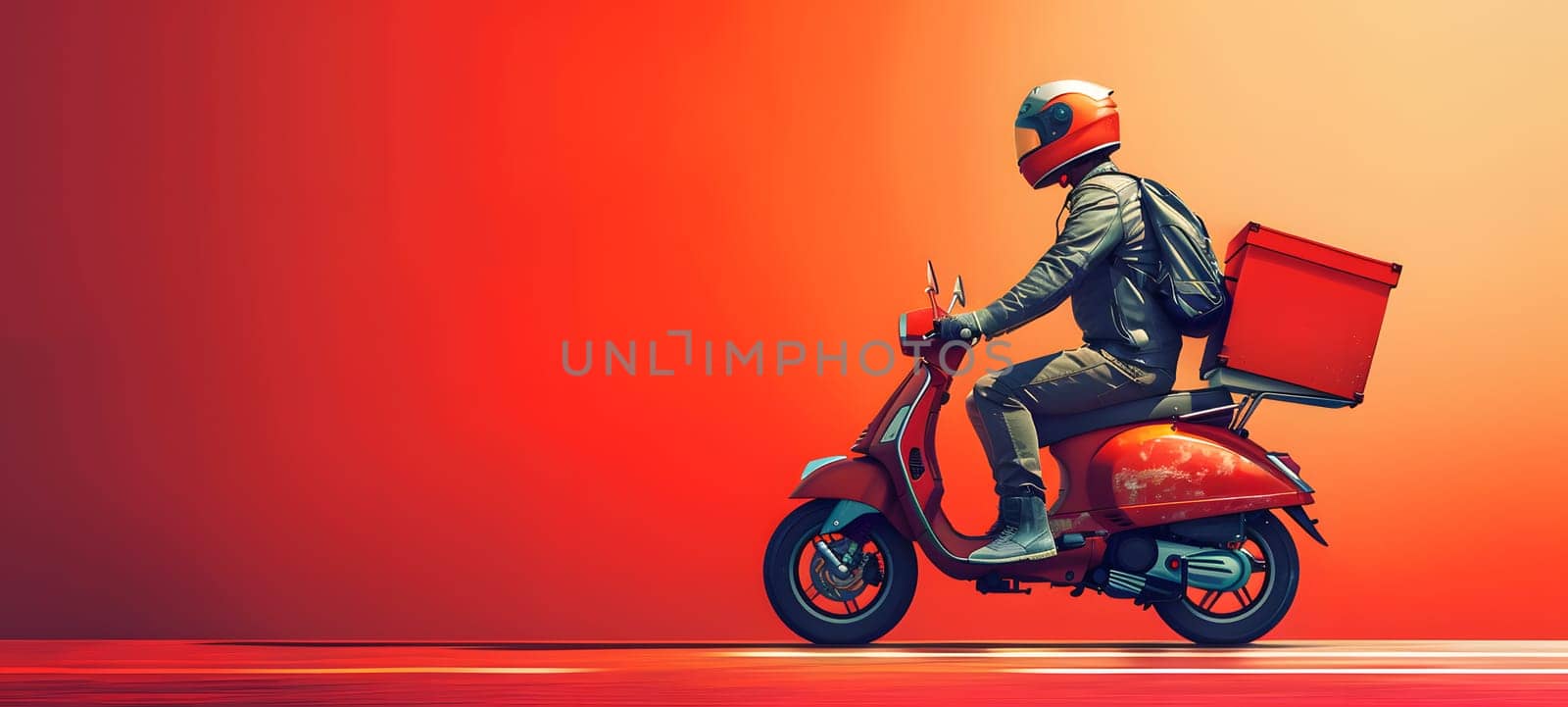 A delivery man is riding a motorcycle with an orange box attached to the back