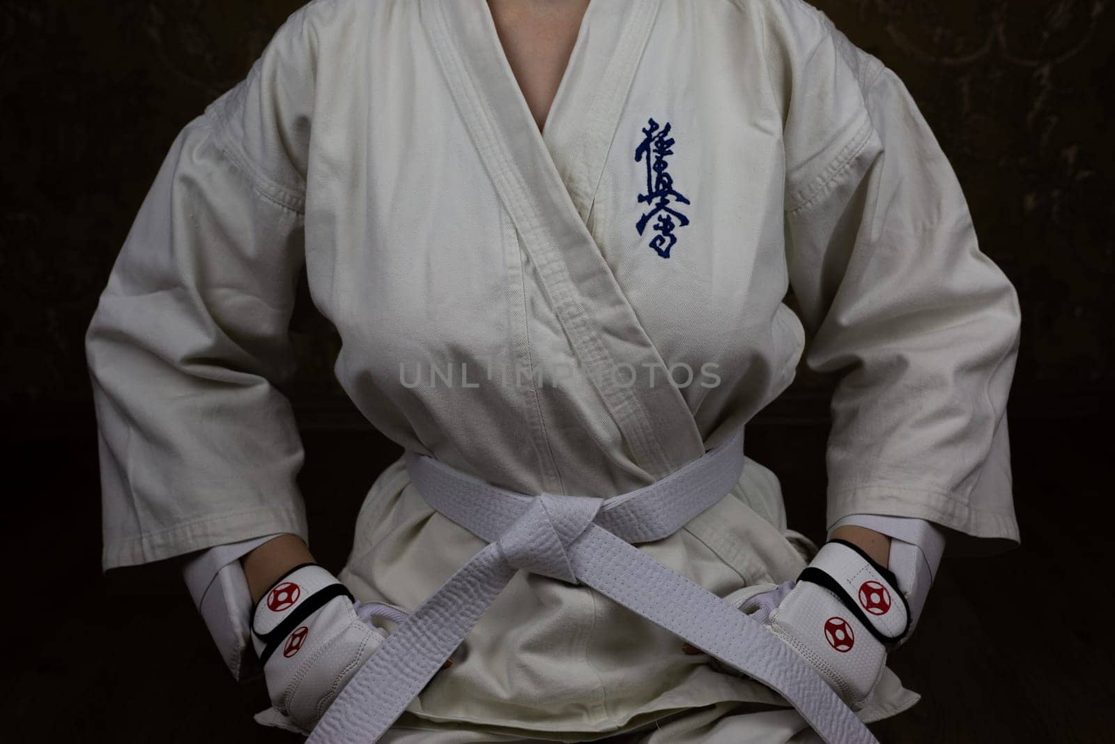 Young woman in kimono in Kyokushinkai karate sits in traditional Japanese seiza pose, correct sitting in martial arts. Inscription in Japanese: Kyokushinkai