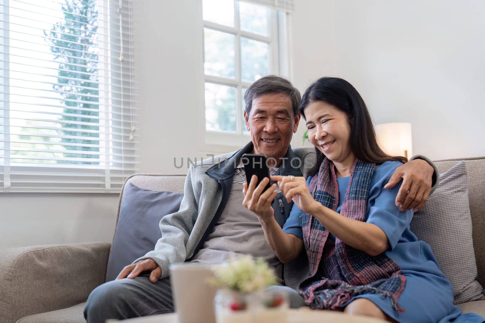Senior couple browsing smartphone at home. Concept of technology, companionship, and relaxation.