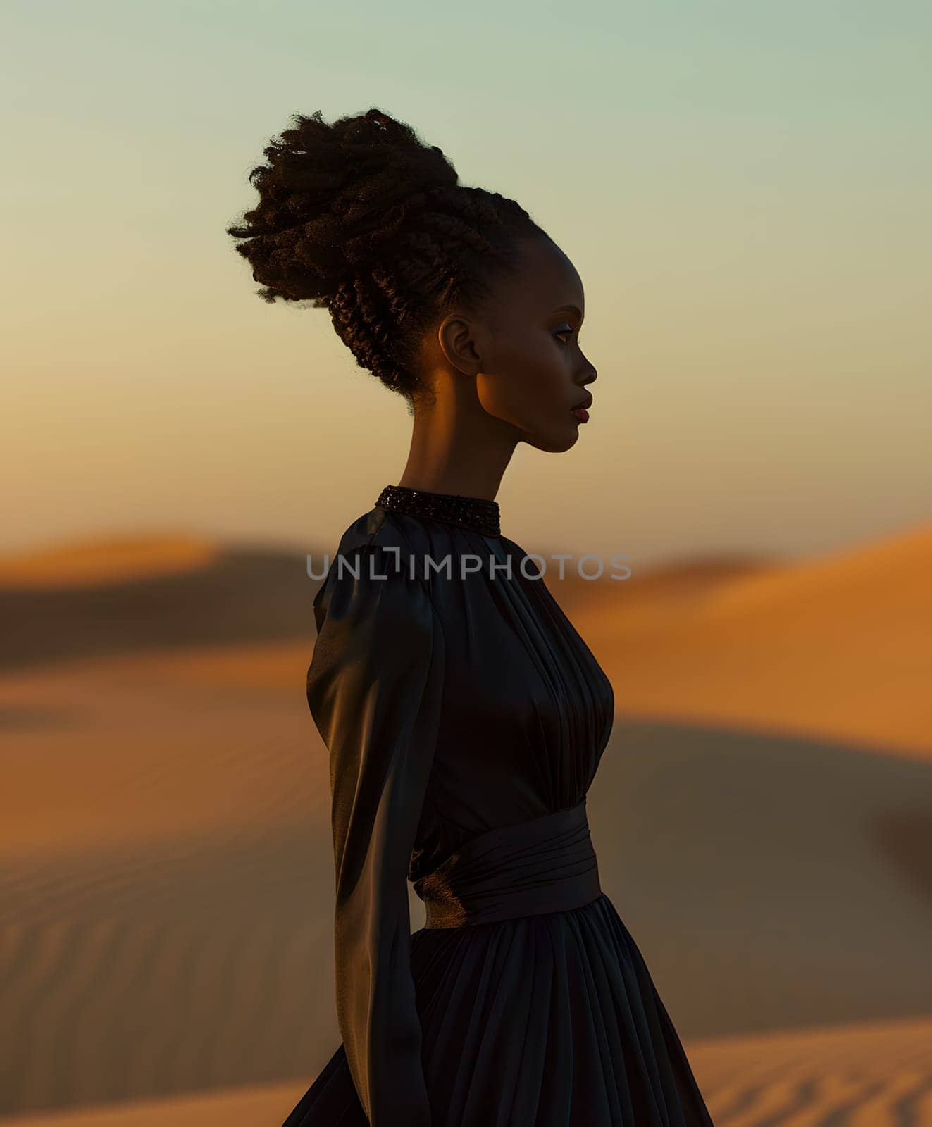 A woman in a stunning black dress is joyfully standing in the middle of a desert at dusk, surrounded by the vast landscape and colorful sky