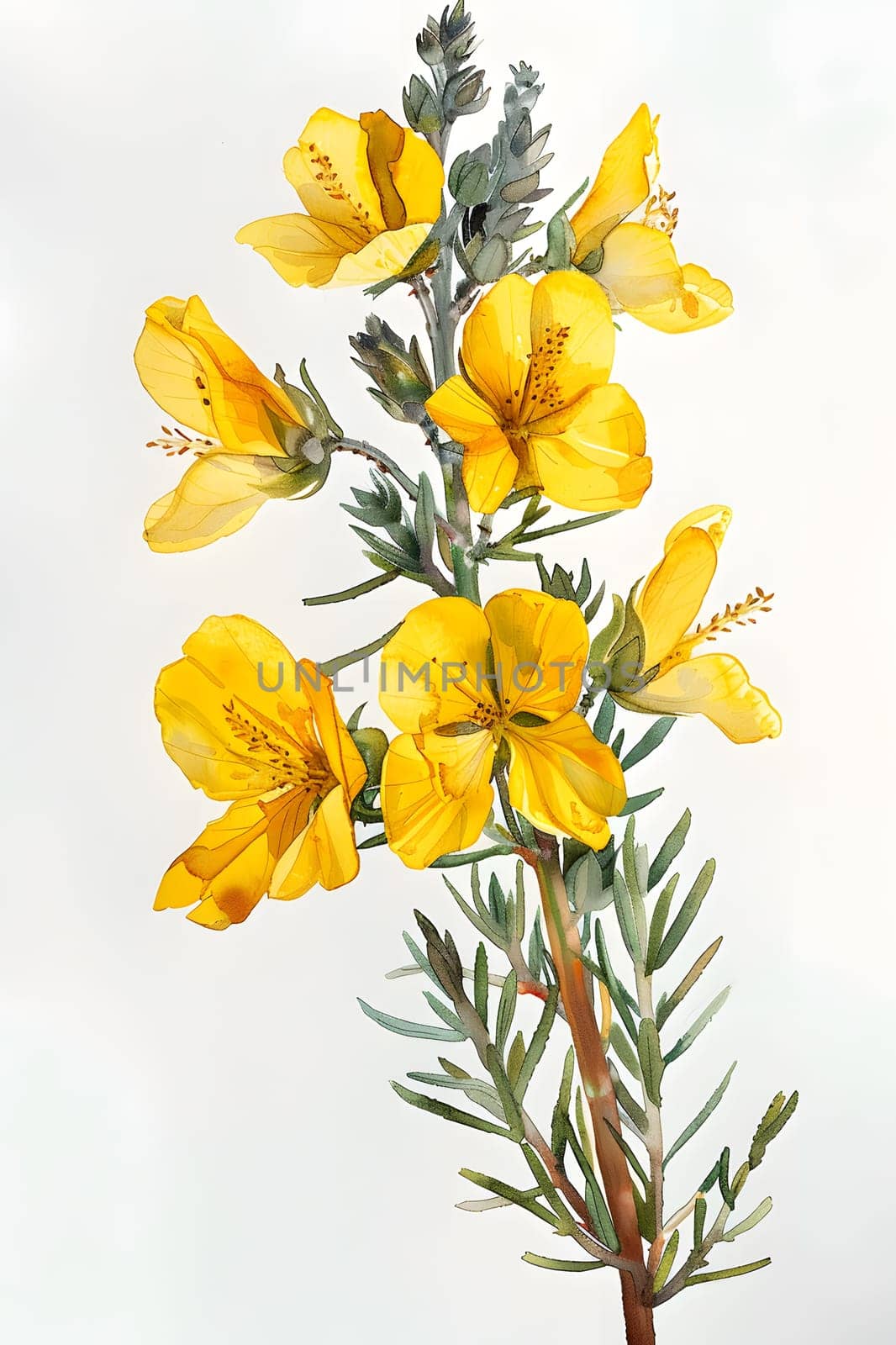 A flowering plant with yellow petals and green leaves, presented against a crisp white background, perfect for creative arts or as cut flowers arrangements