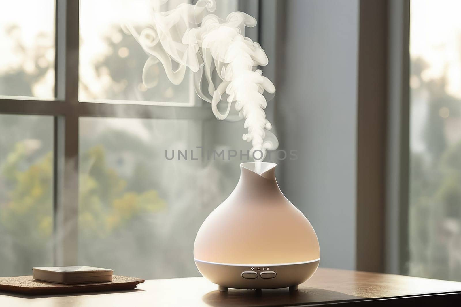 Aroma oil white glass diffuser with rising steam flow on table by window