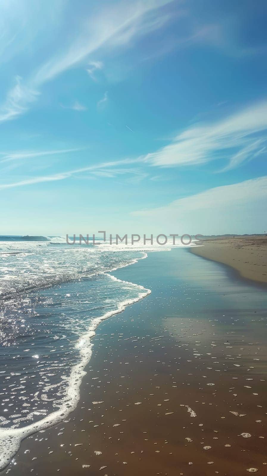 Sunlight bathes a pristine beach, creating sparkling reflections on the retreating tide. The clear day promises endless horizons and rejuvenating solitude