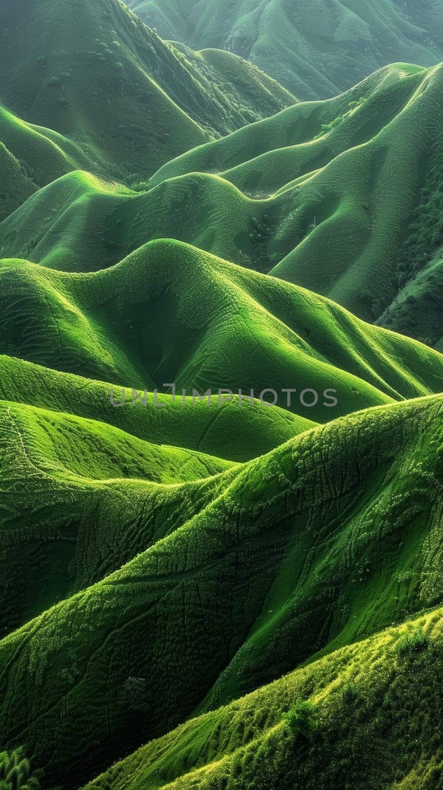 Sunbeams pierce through the verdant landscape, highlighting the rolling green waves of the tea fields. The energy of life pulses through each curve