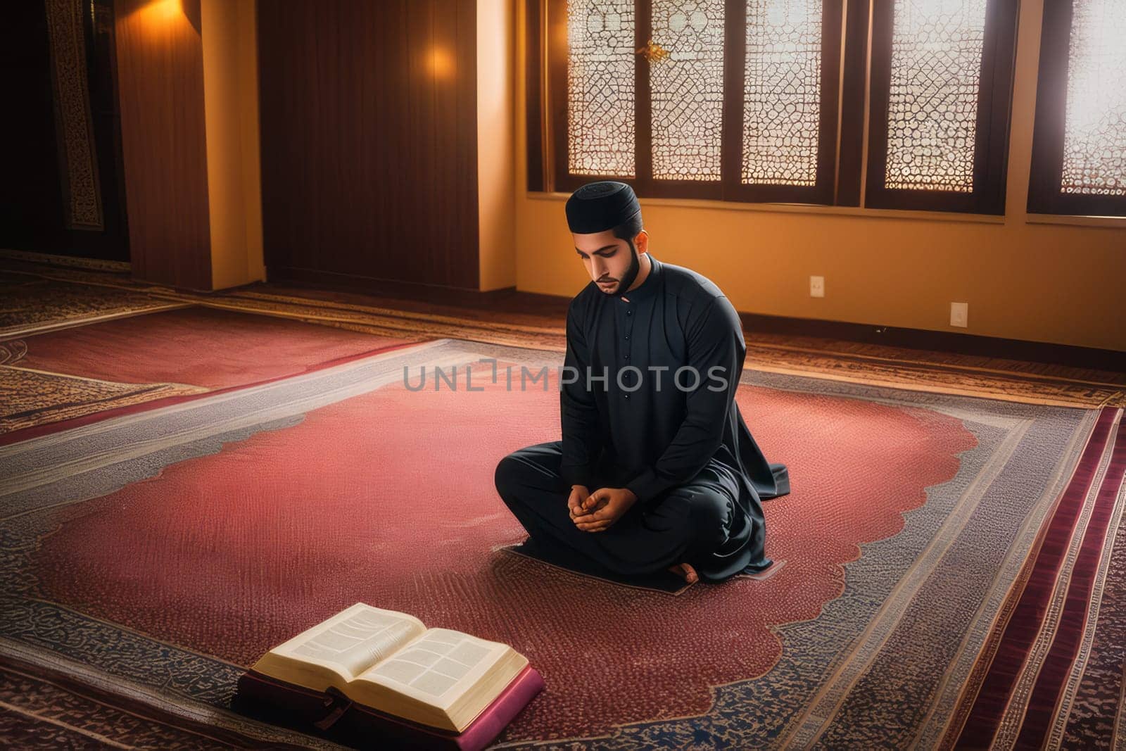 Young Arabic Muslim man praying. Celebration of the sacred Ramadan