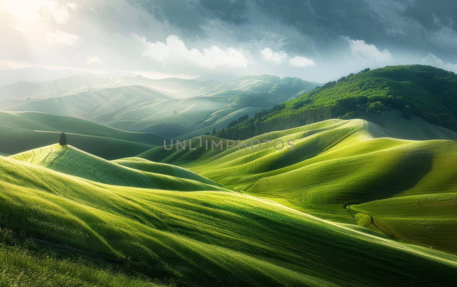 Dawn breaks over dreamlike hills, with light and shadow playing across their soft, green contours, creating a breathtaking and mystical atmosphere. by sfinks