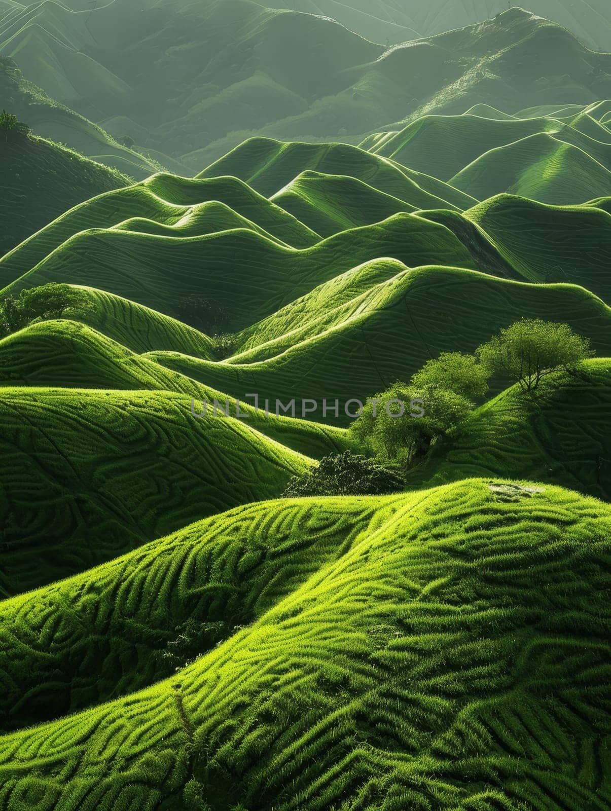 The first light of sunrise bathes the verdant peaks in a soft glow, highlighting the intricate patterns of the terraced fields. by sfinks