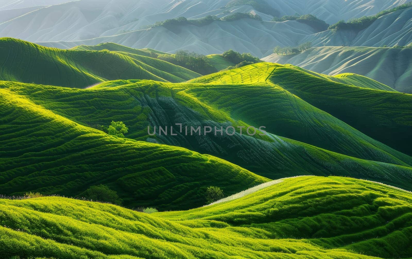 The golden hour casts a radiant light over the green slopes, with the play of light and shadow creating a dynamic and vibrant landscape. by sfinks