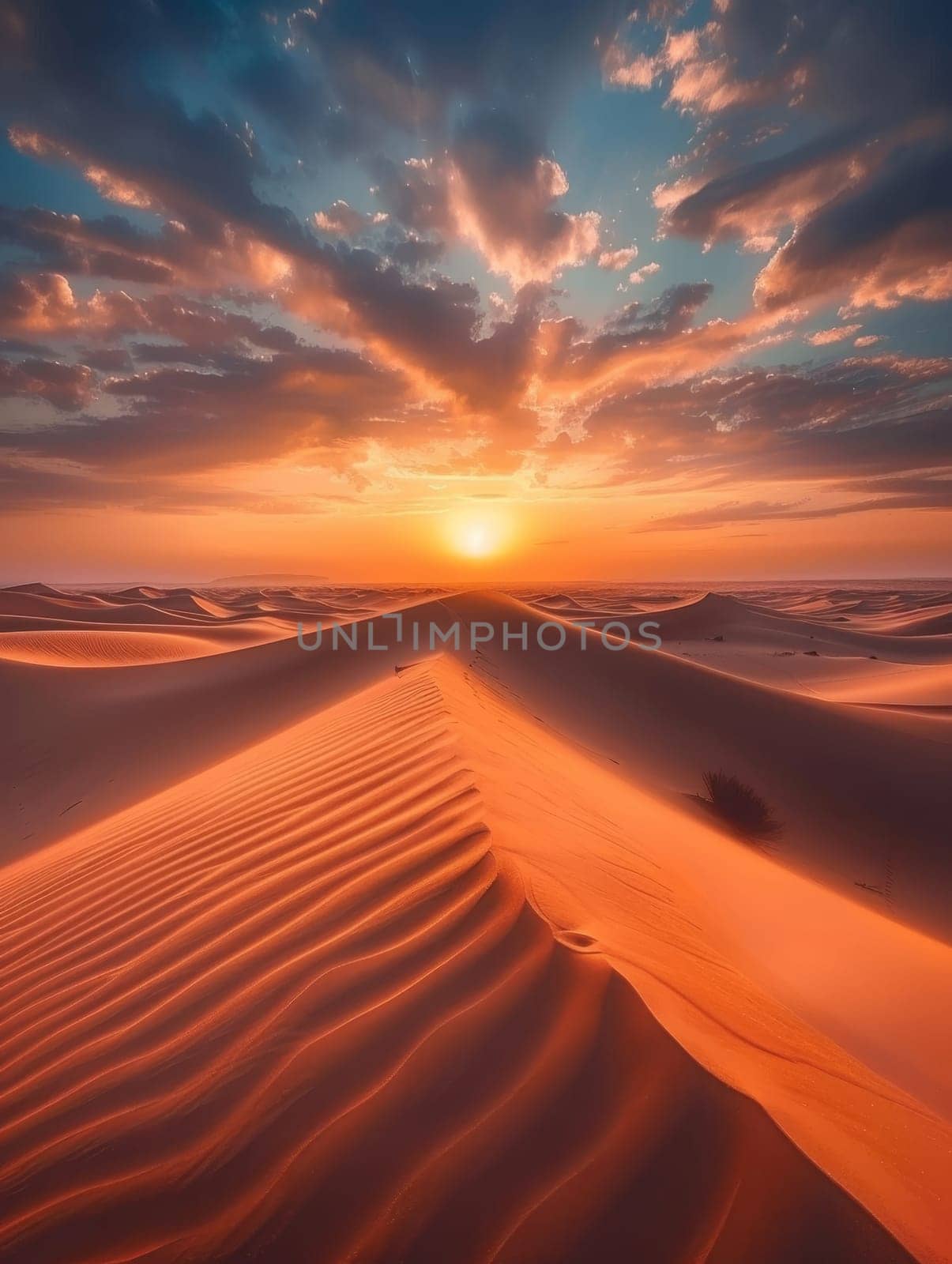 A fiery sunset illuminates the desert, casting vibrant oranges and yellows across the sand. The sky becomes a canvas of warm, rich colors. by sfinks