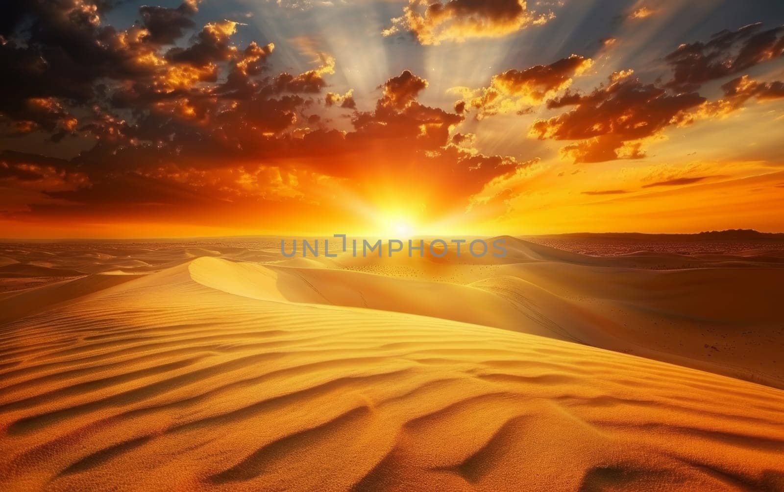 The dawn sun casts a radiant light over the desert, creating stark contrasts and elongated shadows across the dunes. The day begins with a display of nature's grandeur. by sfinks