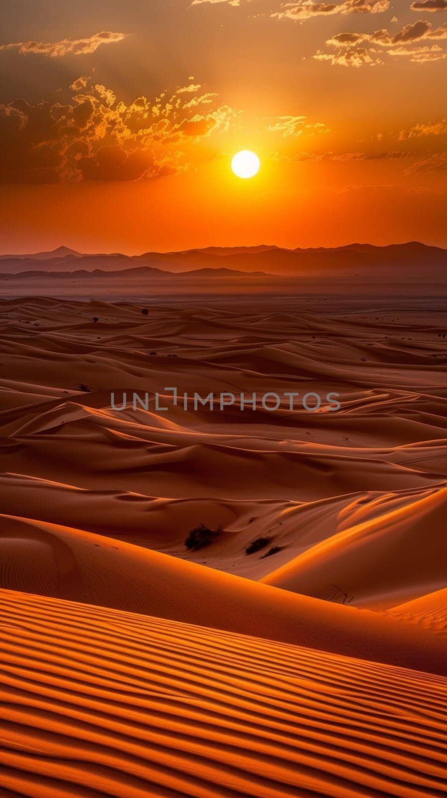 The setting sun kisses the horizon, casting a fiery glow over the endless desert dunes. The sky, adorned with a delicate pattern of clouds, mirrors the undulating sand below. by sfinks