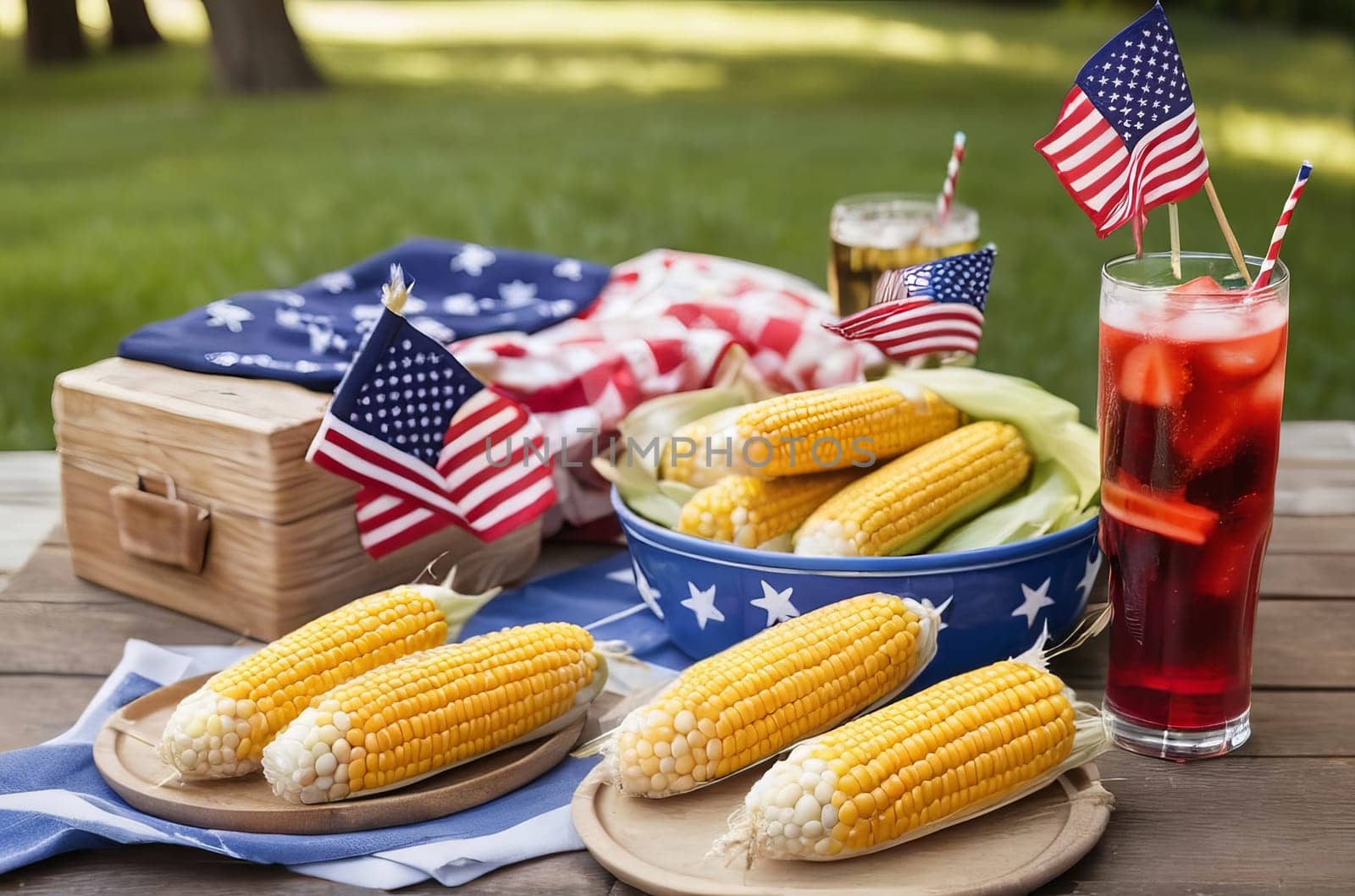 Indulge in a delightful outdoor picnic adorned with patriotic charm, offering corn on the cob, barbecue delights, and cool beverages