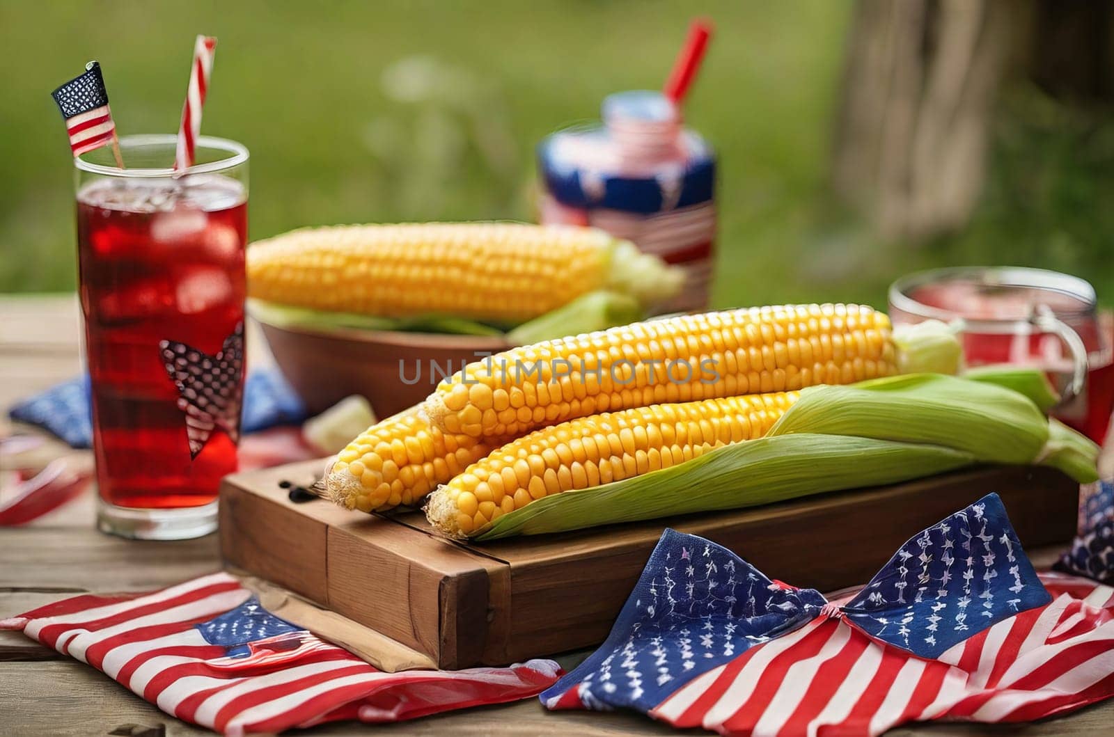 Indulge in a delightful outdoor picnic adorned with patriotic charm, offering corn on the cob, barbecue delights, and cool beverages