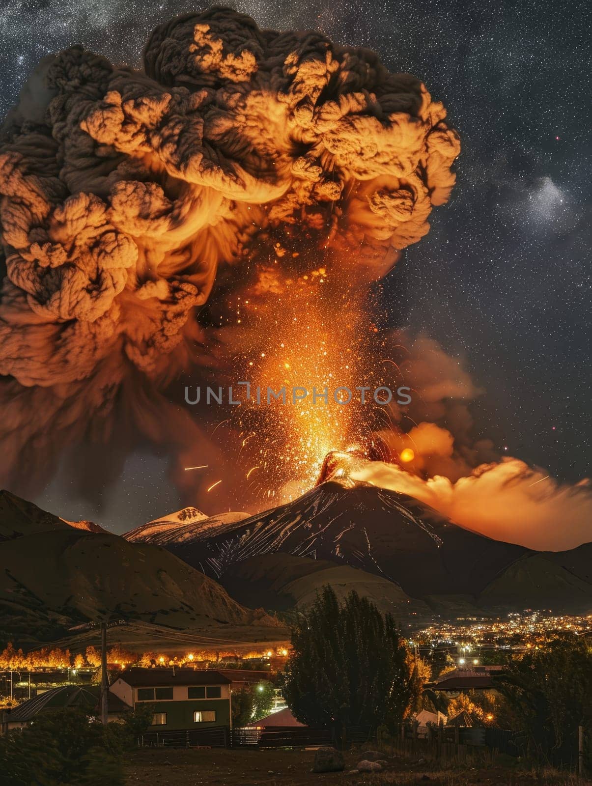 A volcanic eruption roars against a backdrop of a star-filled night, its ash plume reaching towards the cosmos. The spectacle of glowing lava and ash creates a stark contrast with the silent night sky