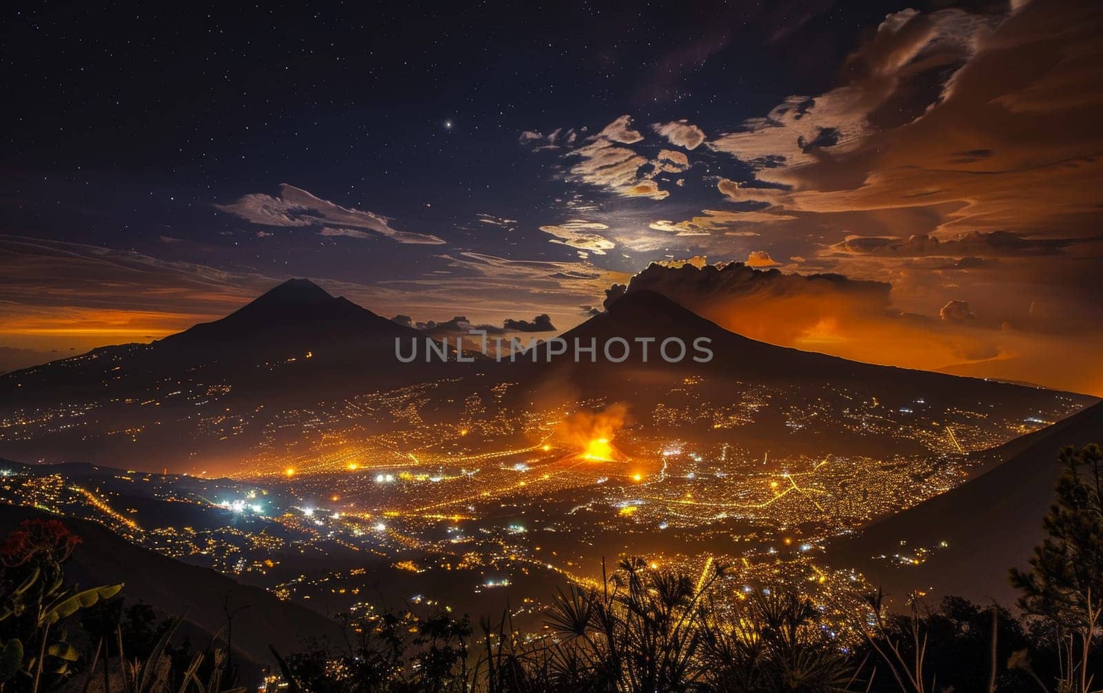 A volcanic eruption illuminates the night under a star-filled sky, with city lights twinkling in the valley. The contrast between nature's fury and urban serenity creates a mesmerizing scene