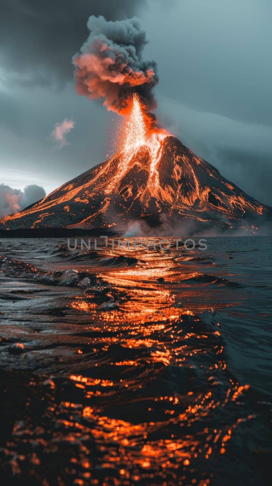 Molten lava erupts into the sky as twilight descends, casting an incandescent glow on the ocean waves that dance under the darkening clouds