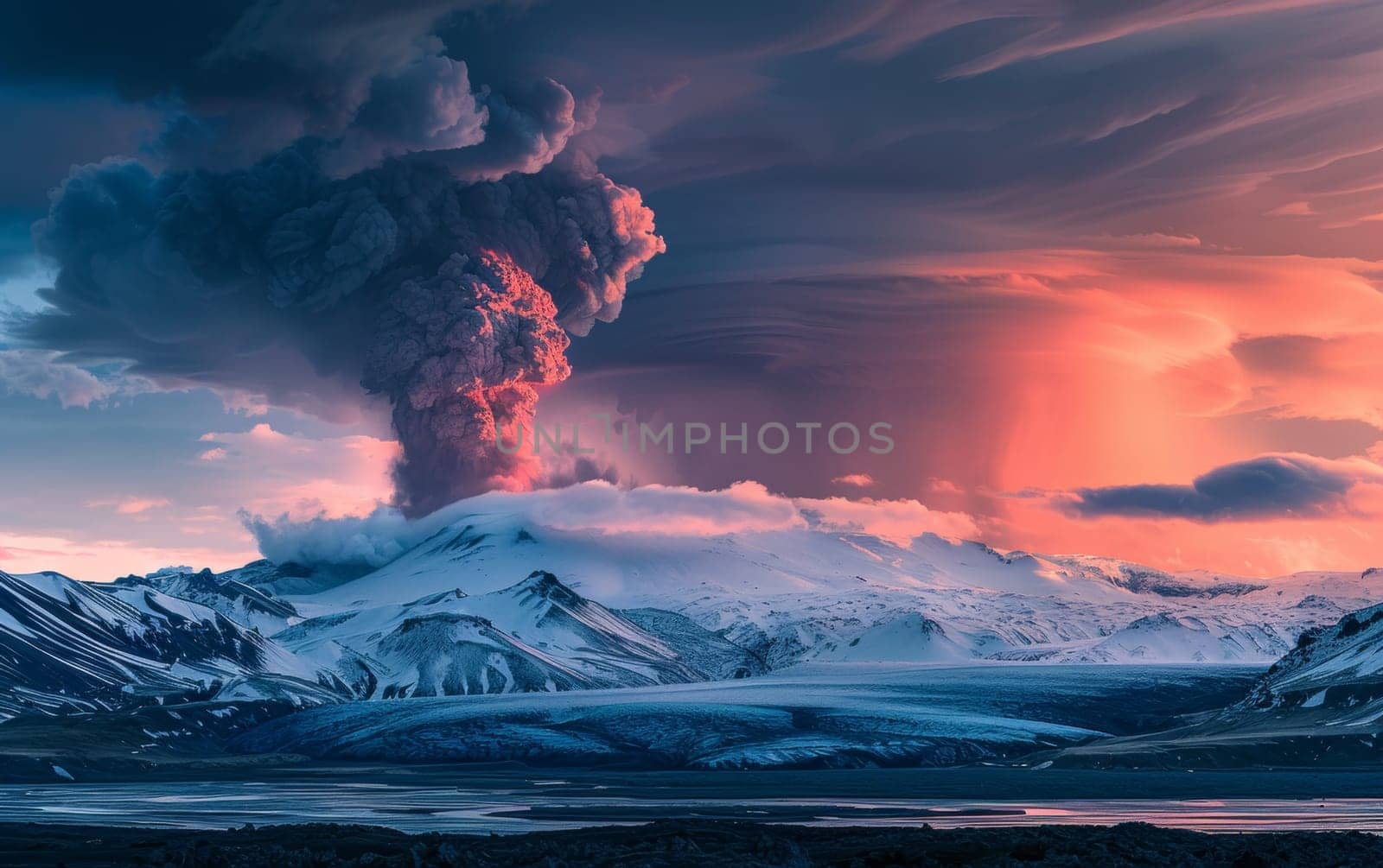 An imposing volcanic eruption billows over snow-covered peaks, with the twilight sky echoing its fiery palette. The serene arctic landscape is transformed into a dramatic spectacle