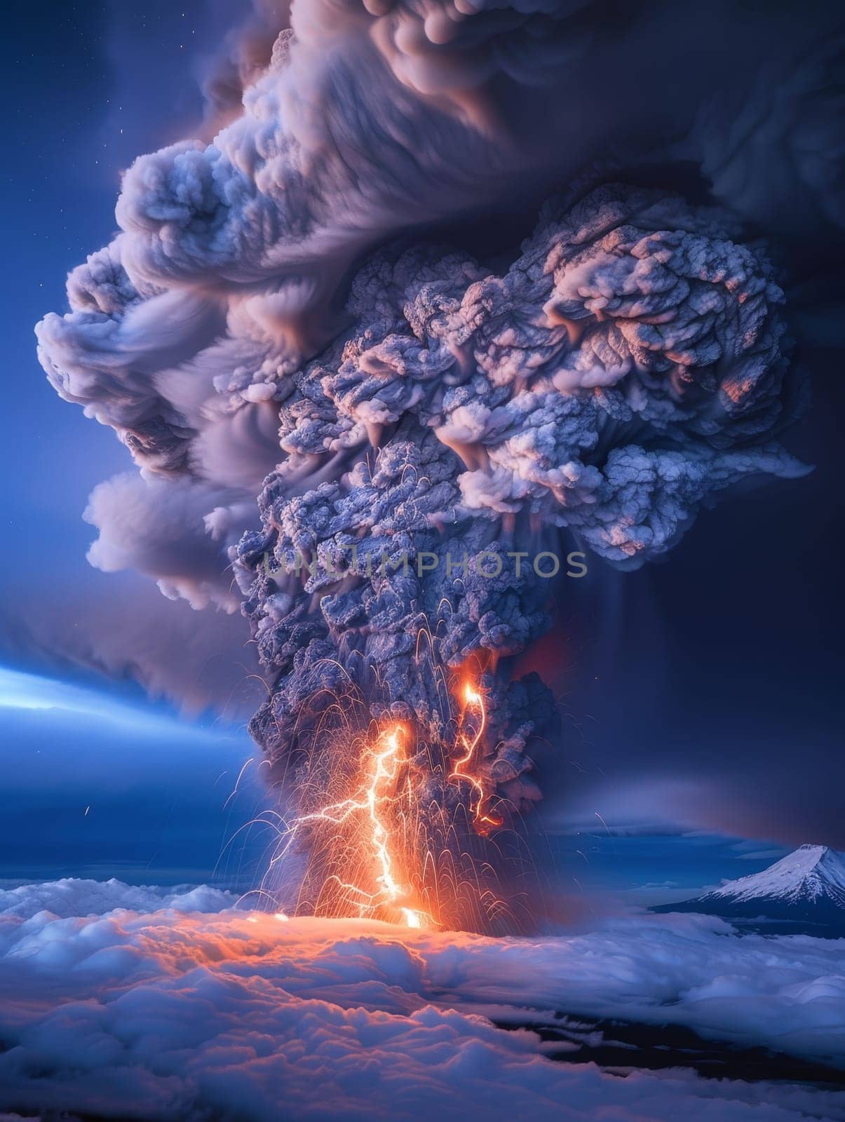 Lightning arcs through a tumultuous ash plume in a display of electric might against the backdrop of a starlit sky, illuminating the night with each volatile flash