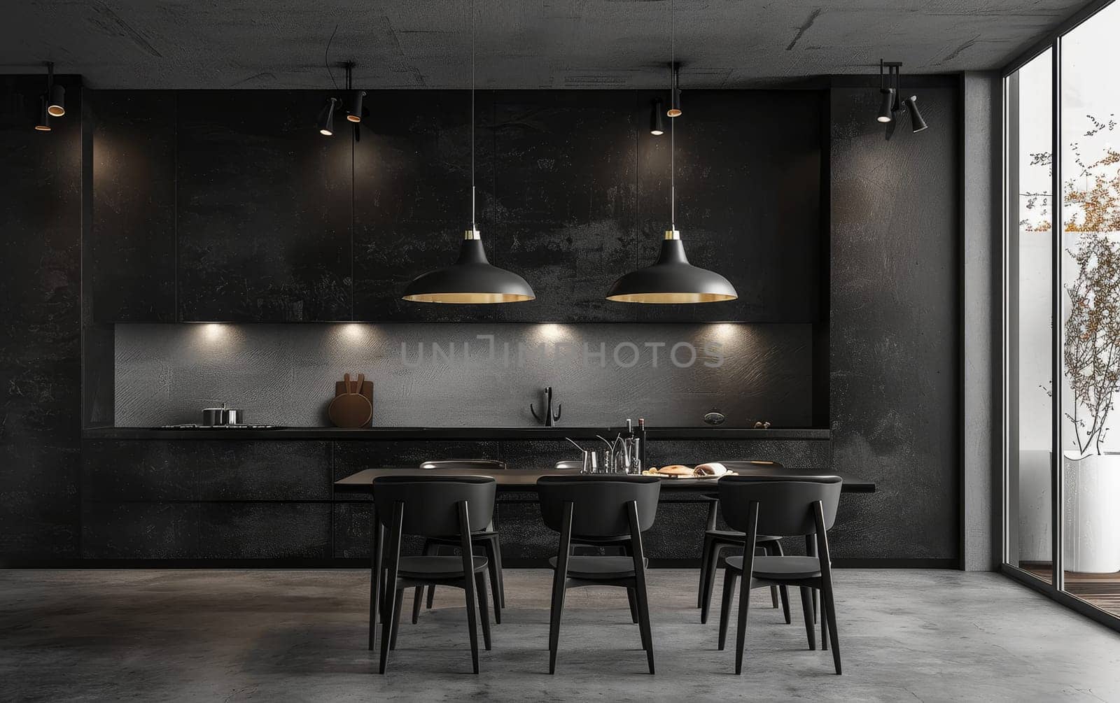 A sleek black kitchen with hanging pendant lights and a minimalist design. The space combines function with style. by sfinks