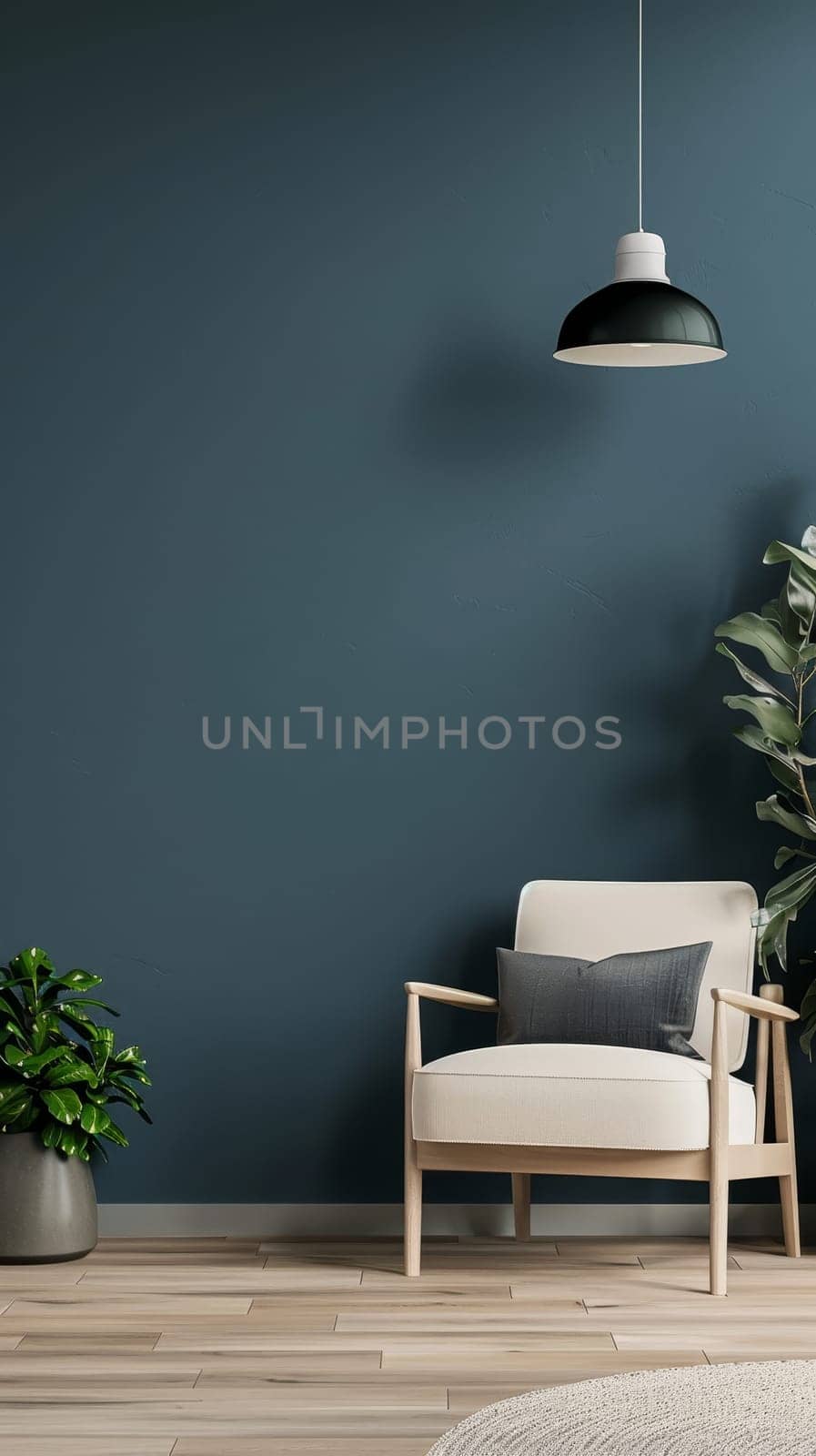 A modern chair and lush plant in the corner, with a playful dance of light and shadow on the wall. by sfinks