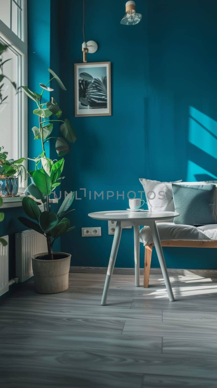 A cozy corner bathed in sunlight with a subtle blue wall, adding warmth to the minimal setup. by sfinks