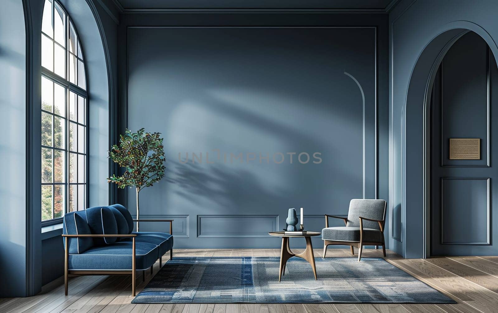 Elegant blue paneling and modern furniture blend in a sophisticated, well-lit living space. by sfinks