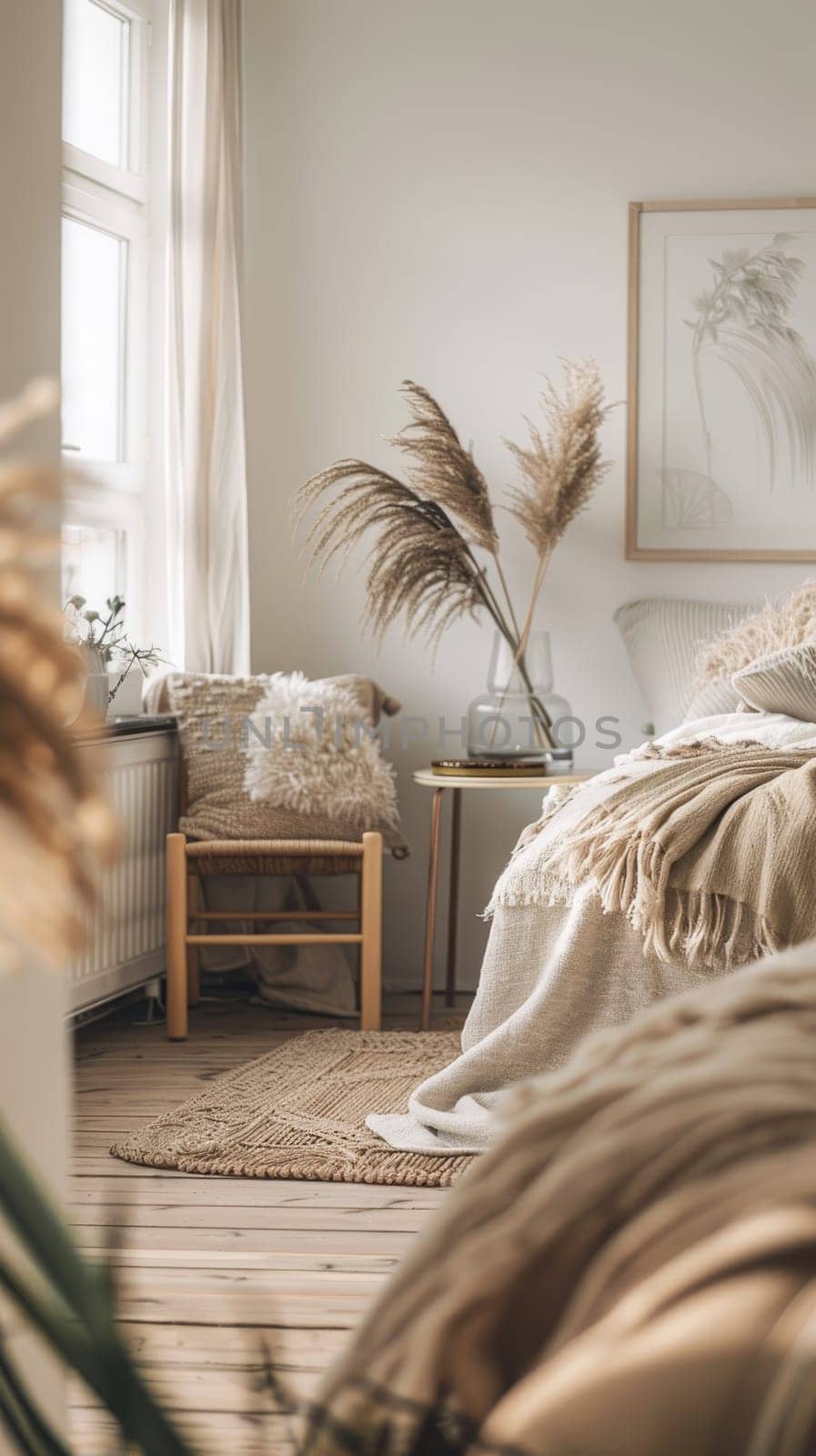 Sunlight filters through a serene bedroom corner. Soft textures and natural elements create a peaceful vibe. by sfinks