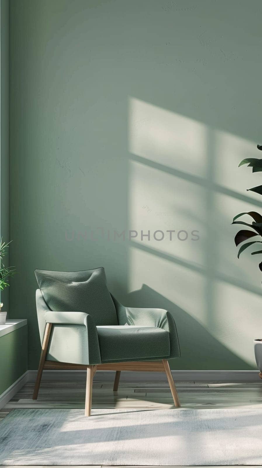 A contemporary nook with a green armchair and soft lighting, perfect for relaxation and reflection. by sfinks